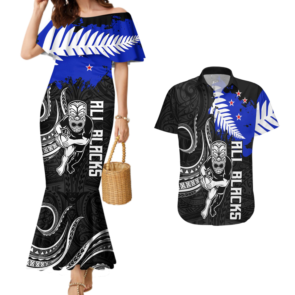 aotearoa-rugby-couples-matching-mermaid-dress-and-hawaiian-shirt-all-black-maori-fern