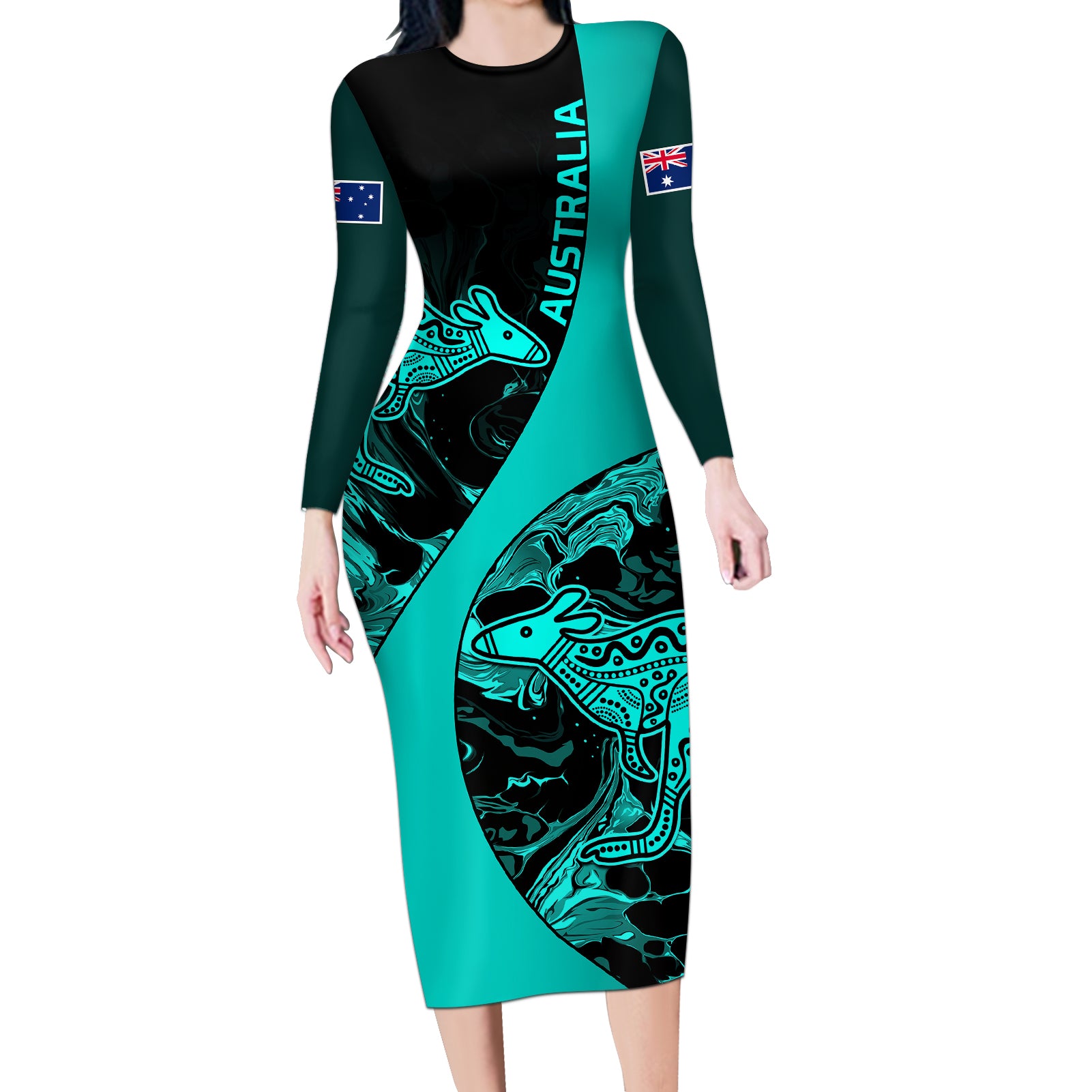 matildas-australia-soccer-long-sleeve-bodycon-dress-liquid-marble-texture-vibe