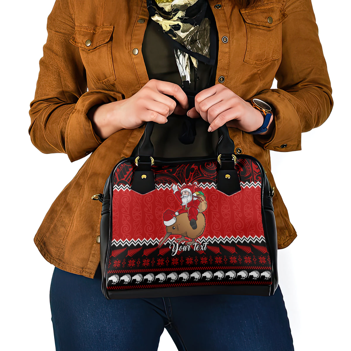 personalised-new-zealand-christmas-shoulder-handbag-kiwi-santa-claus-maori-meri-kirihimete