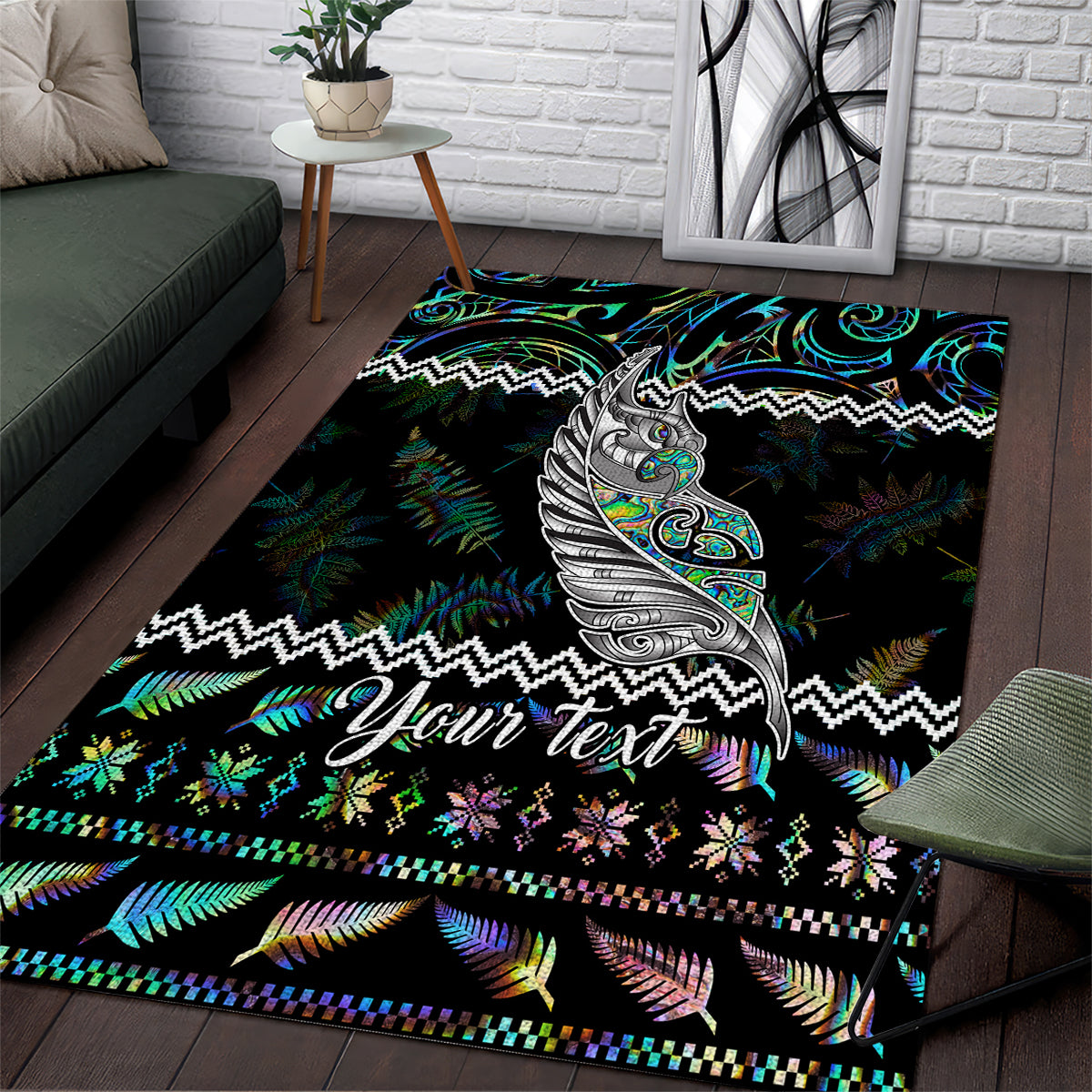 personalised-new-zealand-christmas-area-rug-maori-fern-manaia-meri-kirihimete-with-papaua-shell