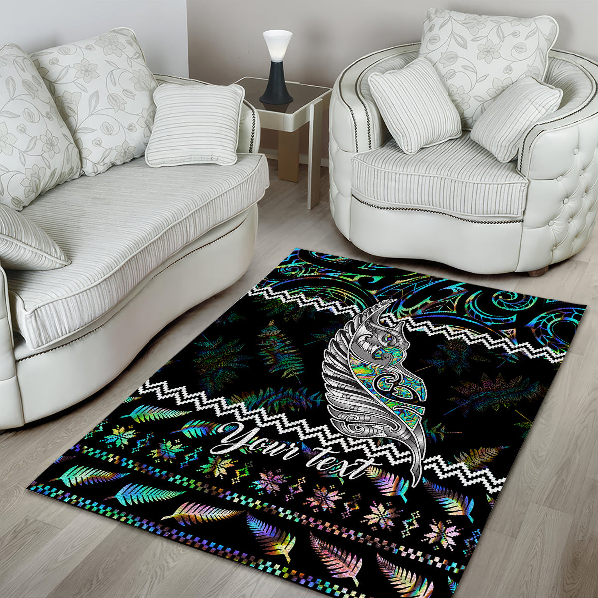 personalised-new-zealand-christmas-area-rug-maori-fern-manaia-meri-kirihimete-with-papaua-shell