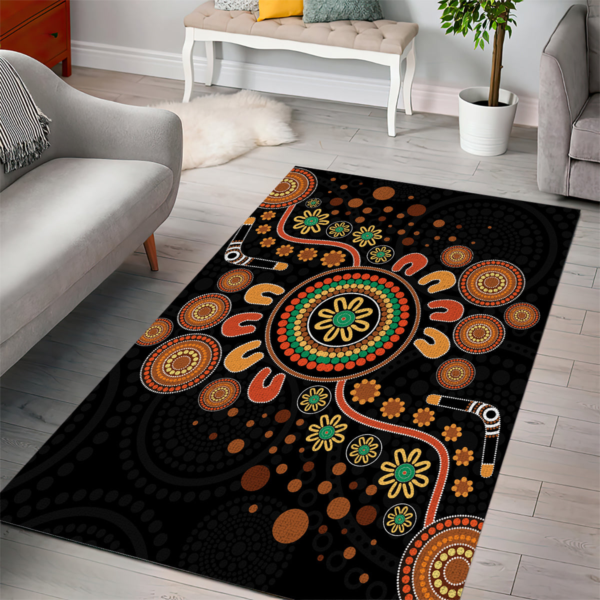 Aboriginal Dots Art Painting With Boomerang Area Rug