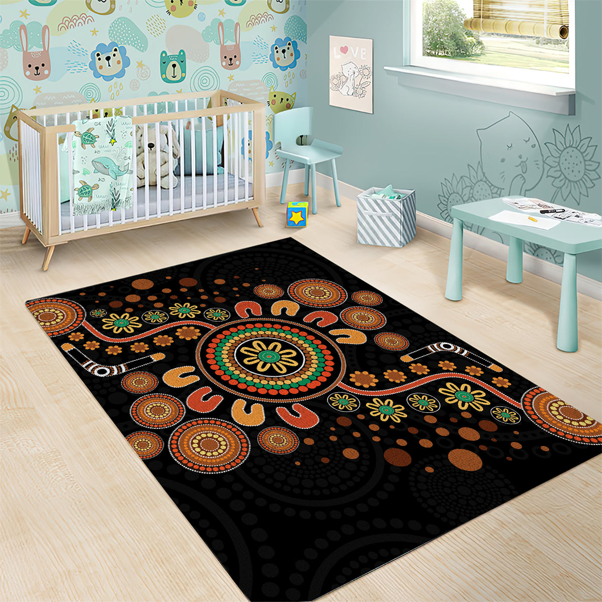 Aboriginal Dots Art Painting With Boomerang Area Rug