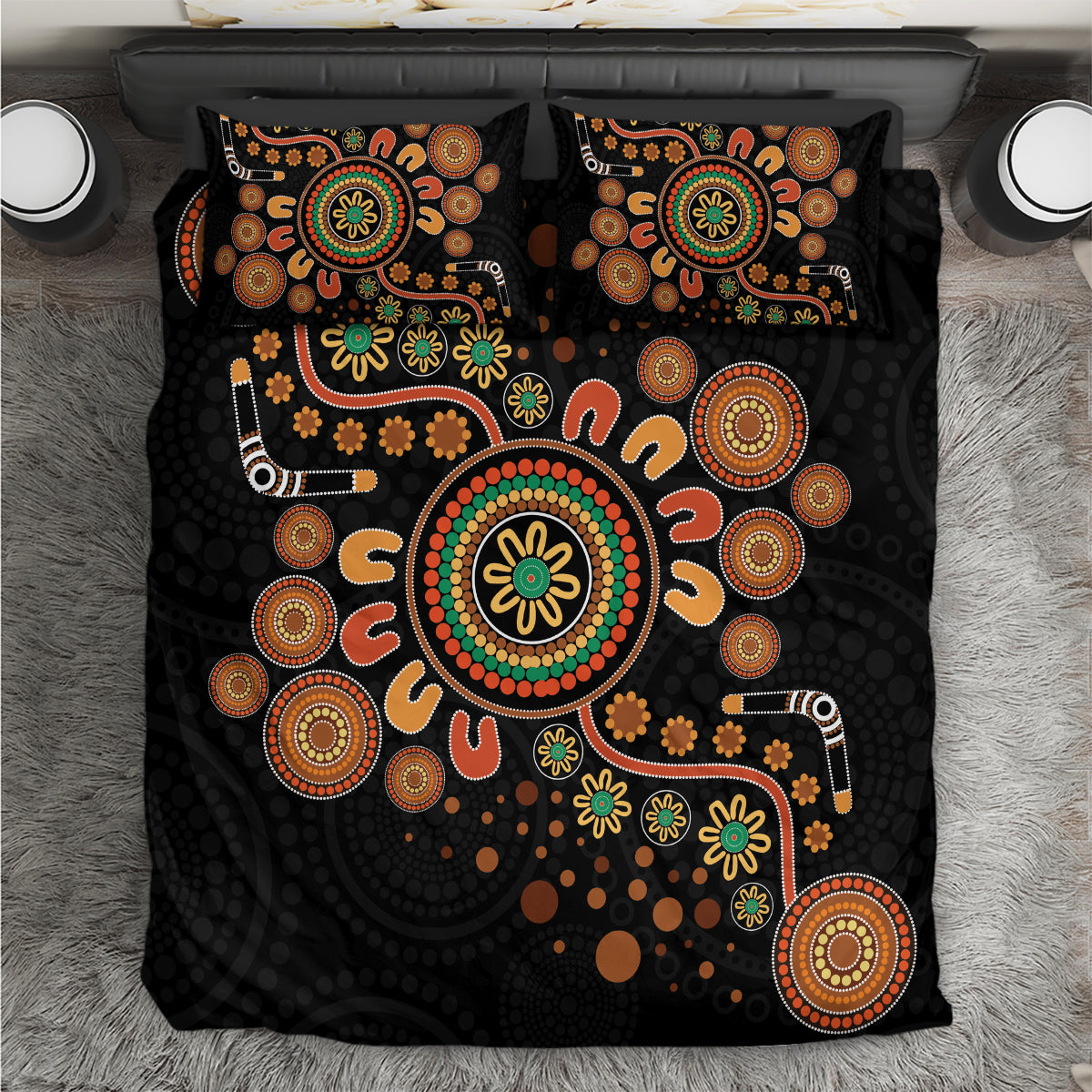 Aboriginal Dots Art Painting With Boomerang Bedding Set