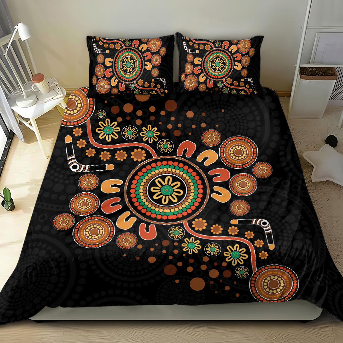 Aboriginal Dots Art Painting With Boomerang Bedding Set