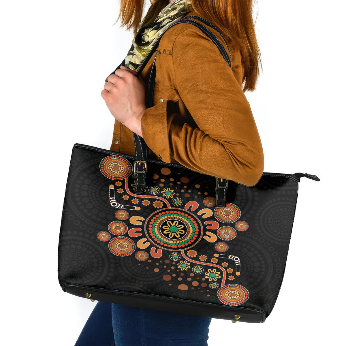 Aboriginal Dots Art Painting With Boomerang Leather Tote Bag