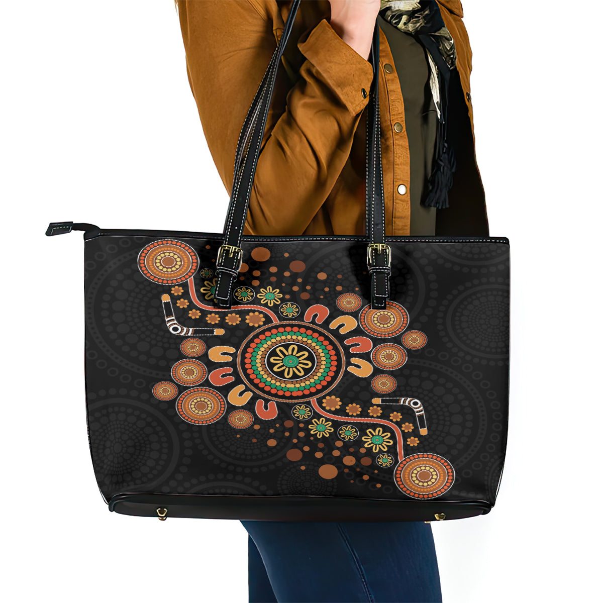 Aboriginal Dots Art Painting With Boomerang Leather Tote Bag