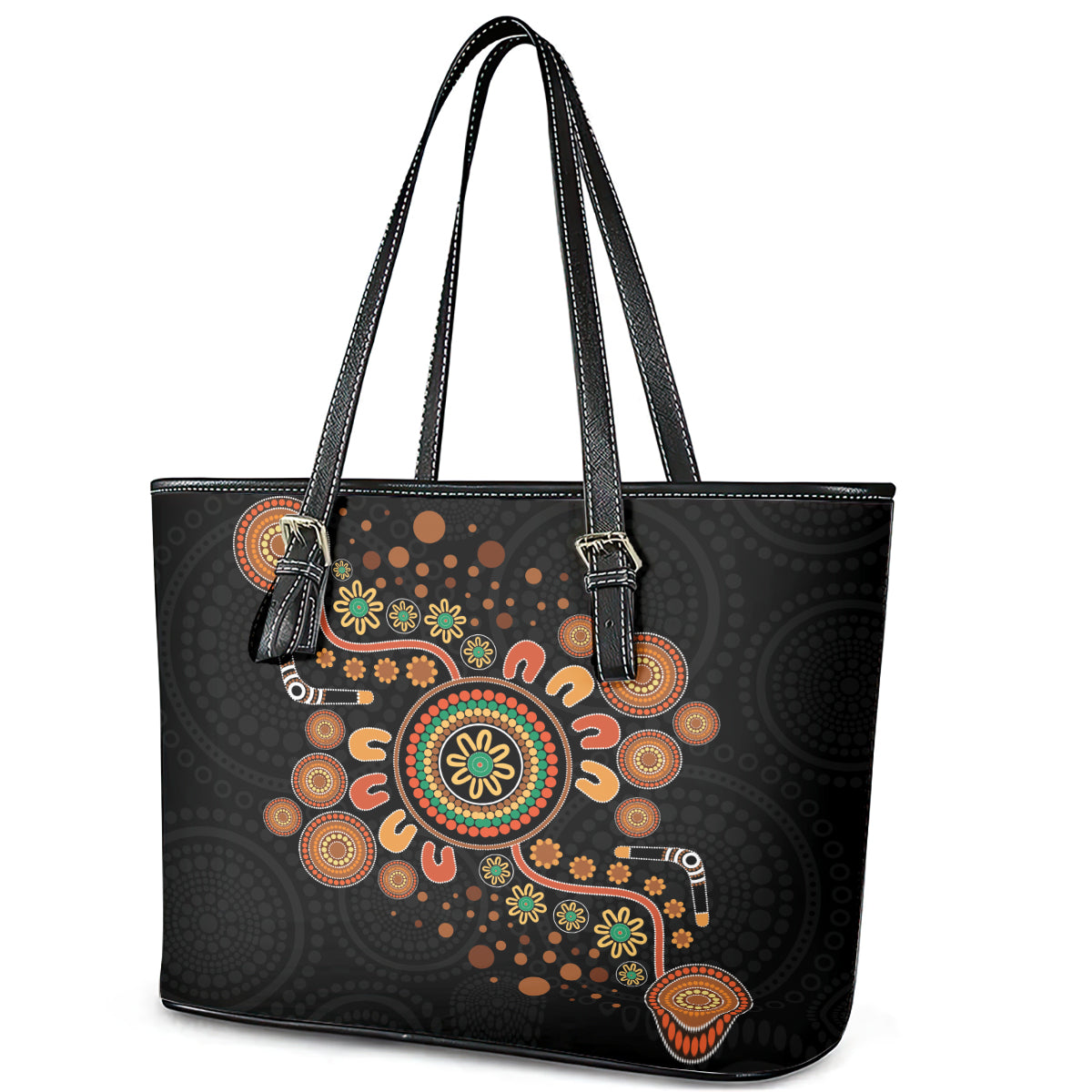 Aboriginal Dots Art Painting With Boomerang Leather Tote Bag