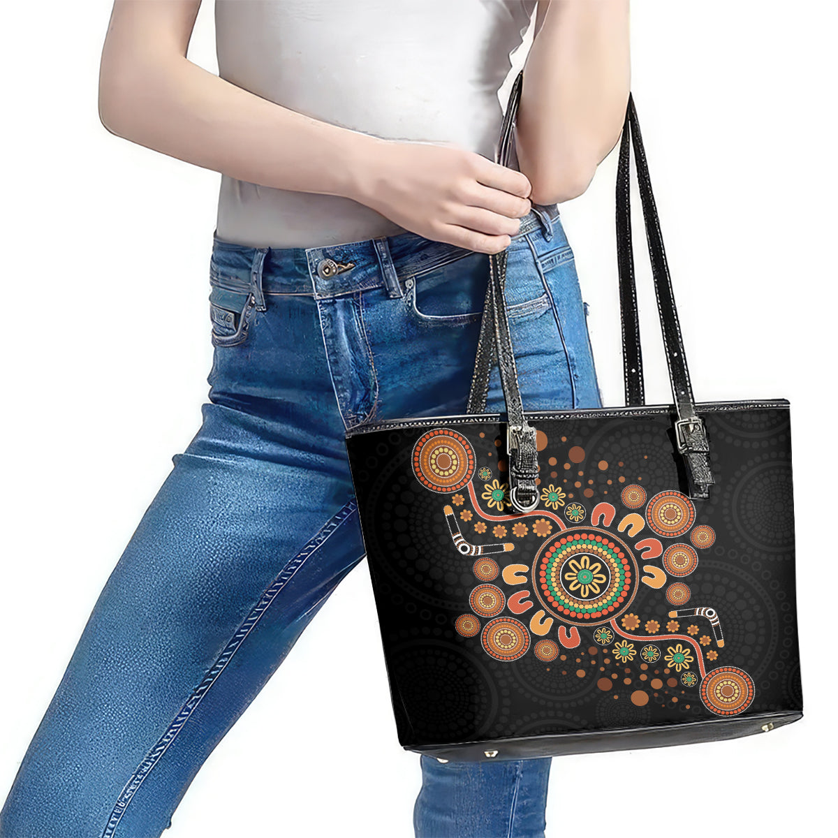 Aboriginal Dots Art Painting With Boomerang Leather Tote Bag