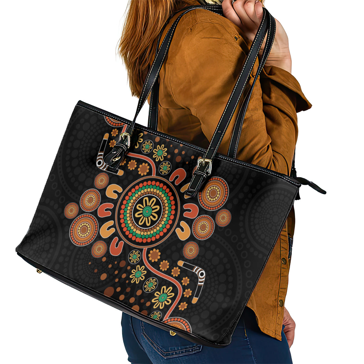 Aboriginal Dots Art Painting With Boomerang Leather Tote Bag