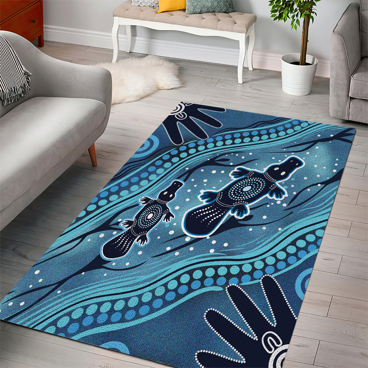 Aboriginal Dots Art Painting with Platypus Area Rug No 1