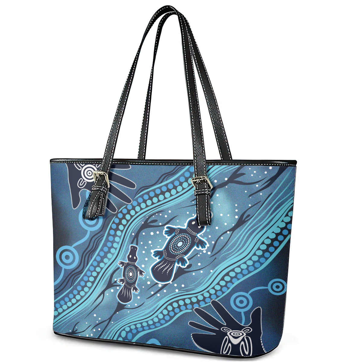 Aboriginal Dots Art Painting with Platypus Leather Tote Bag No 1