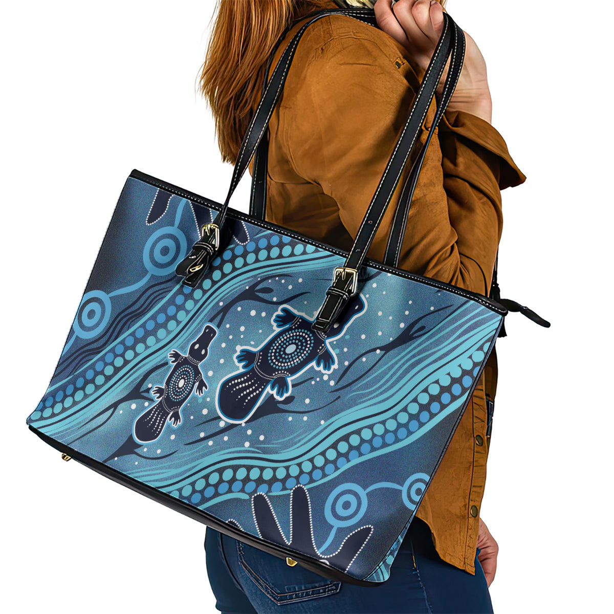 Aboriginal Dots Art Painting with Platypus Leather Tote Bag No 1