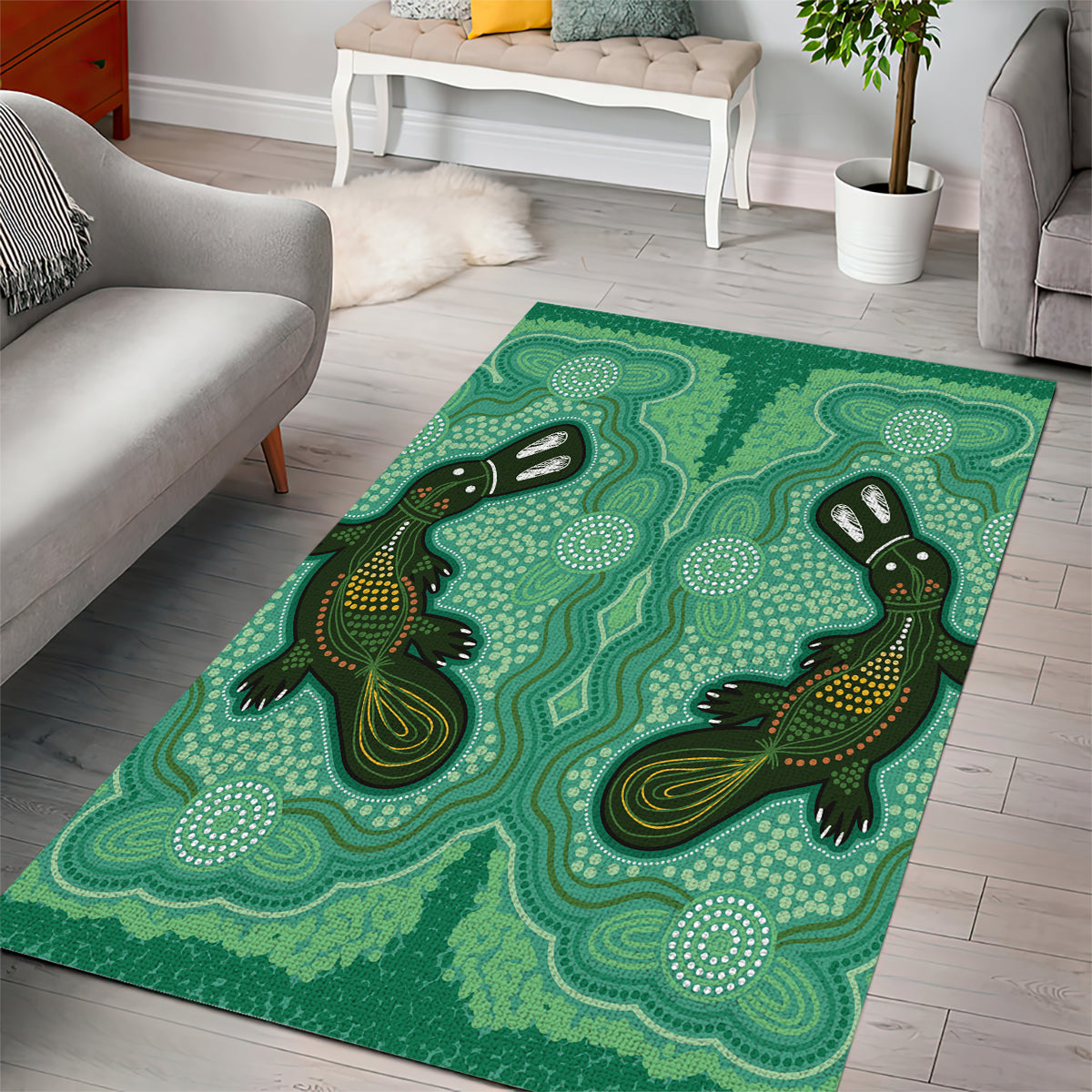 Aboriginal Dots Art Painting with Platypus Area Rug No 2