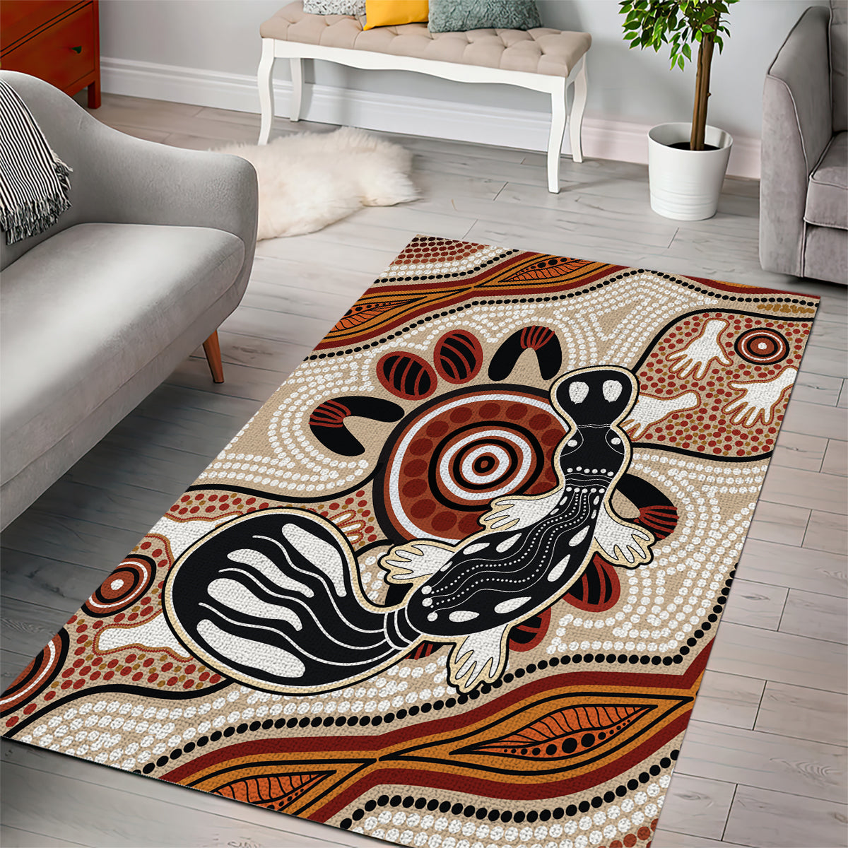 Aboriginal Dots Art Painting with Platypus Area Rug No 3