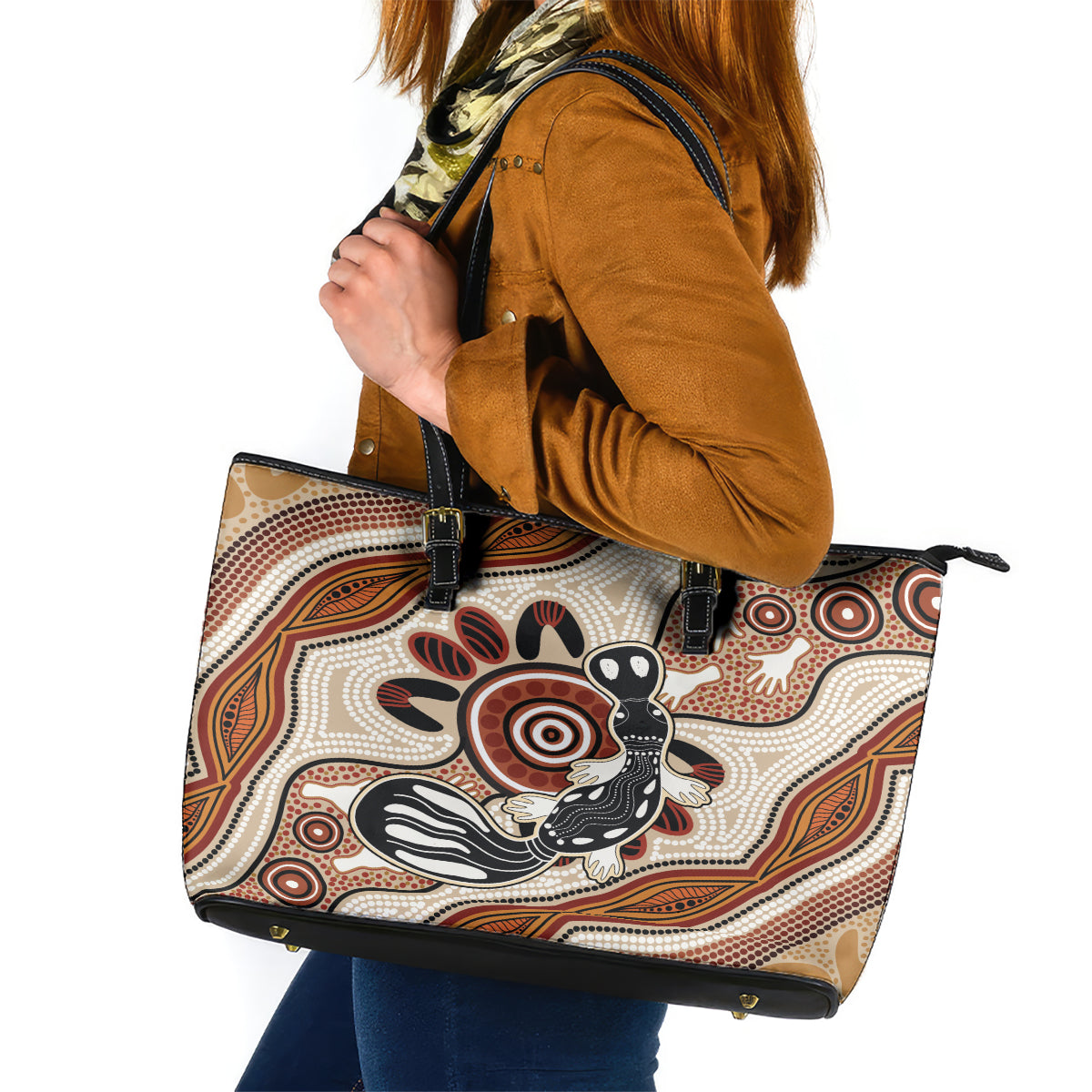 Aboriginal Dots Art Painting with Platypus Leather Tote Bag No 3