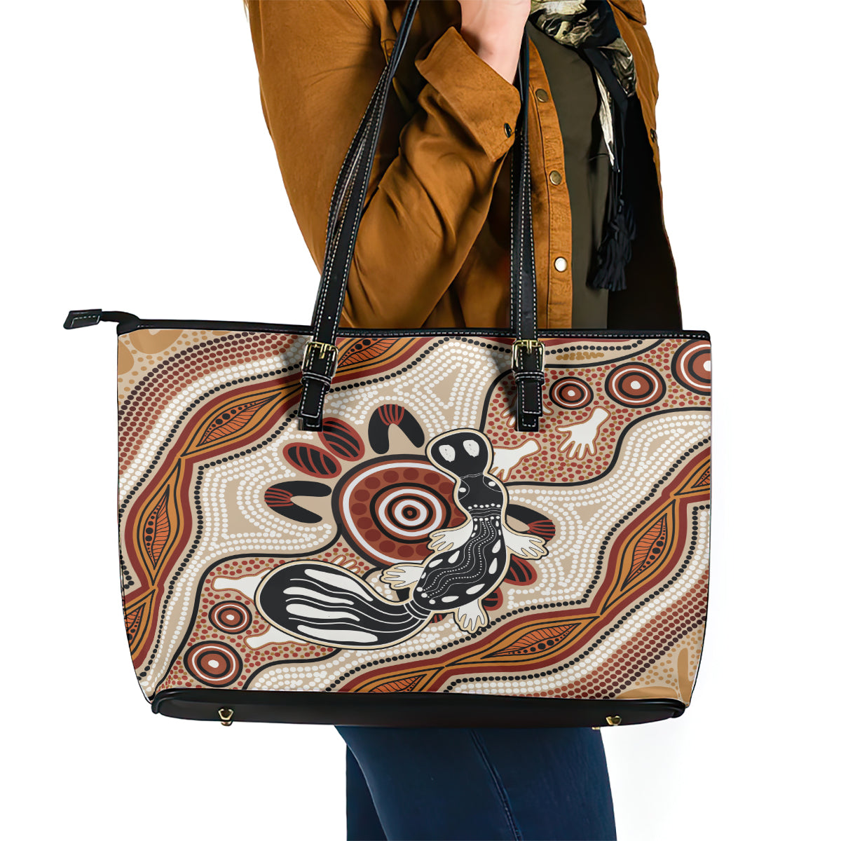 Aboriginal Dots Art Painting with Platypus Leather Tote Bag No 3