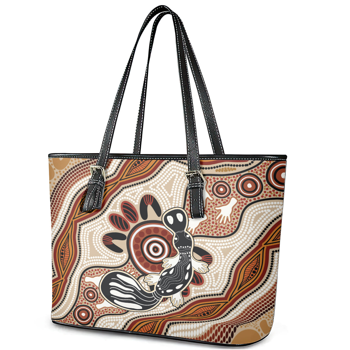 Aboriginal Dots Art Painting with Platypus Leather Tote Bag No 3