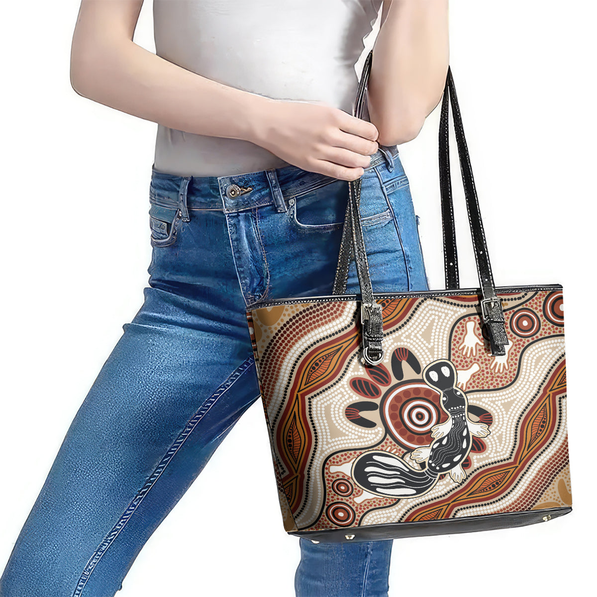 Aboriginal Dots Art Painting with Platypus Leather Tote Bag No 3