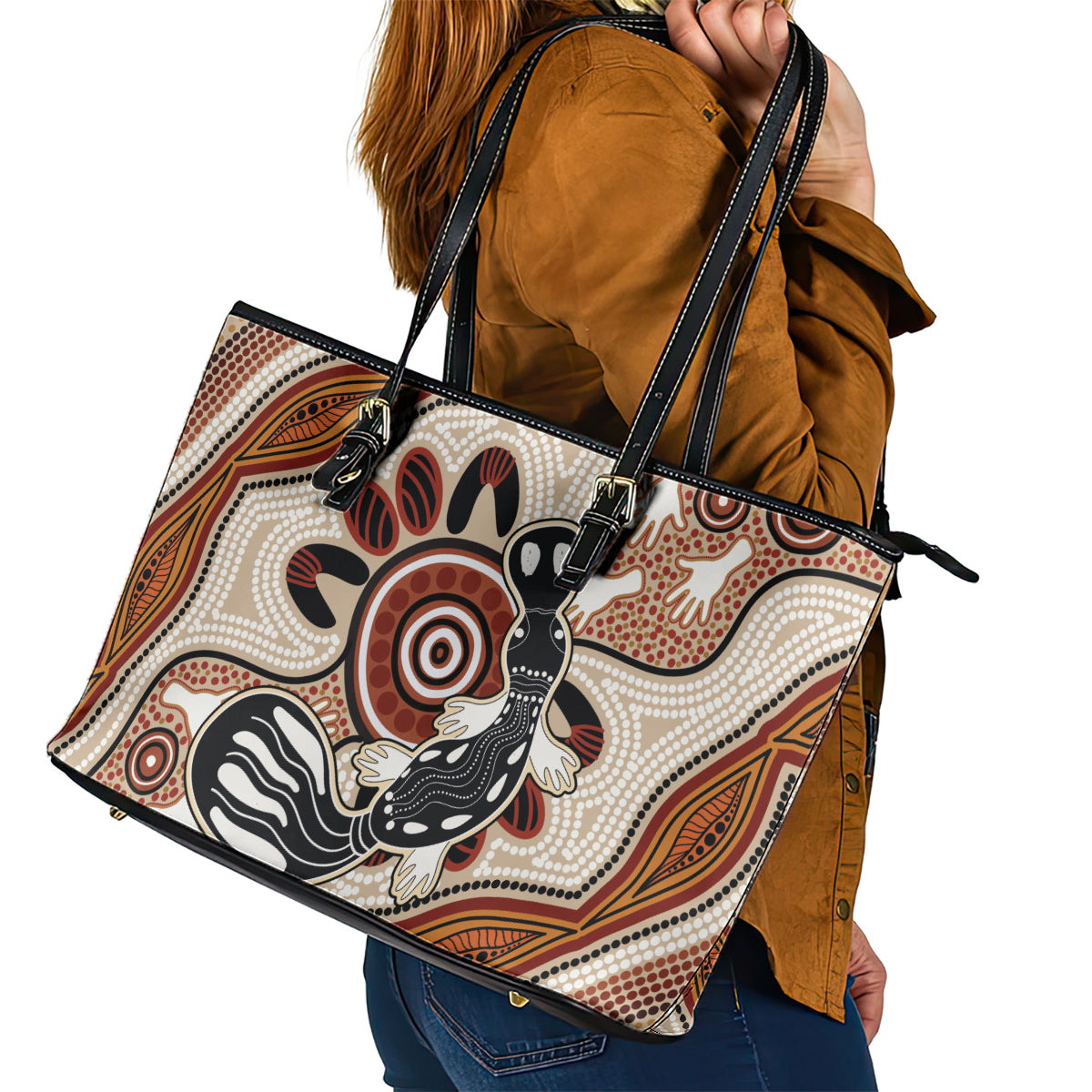 Aboriginal Dots Art Painting with Platypus Leather Tote Bag No 3