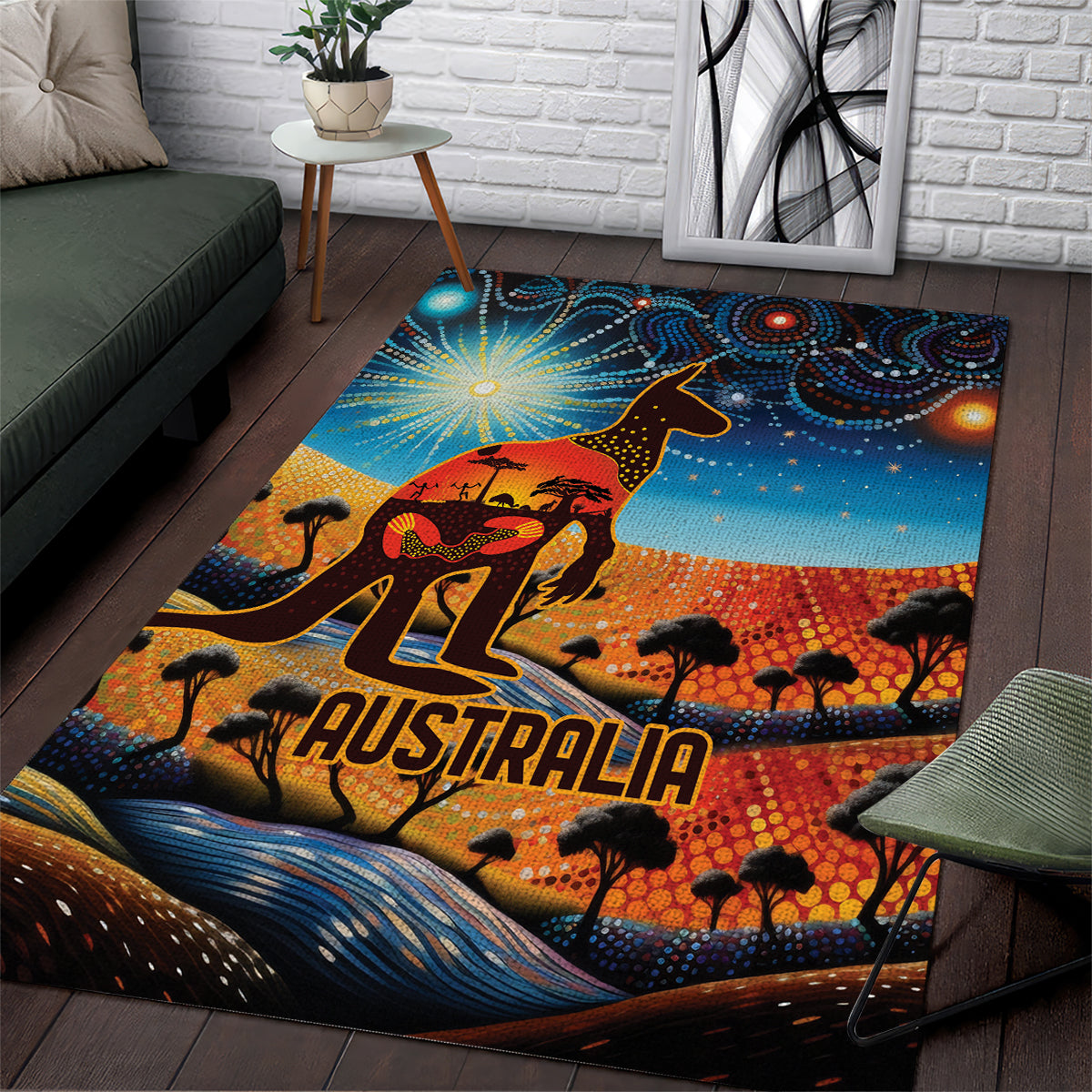 Aboriginal Dots Stary Sky With Kangaroo Area Rug