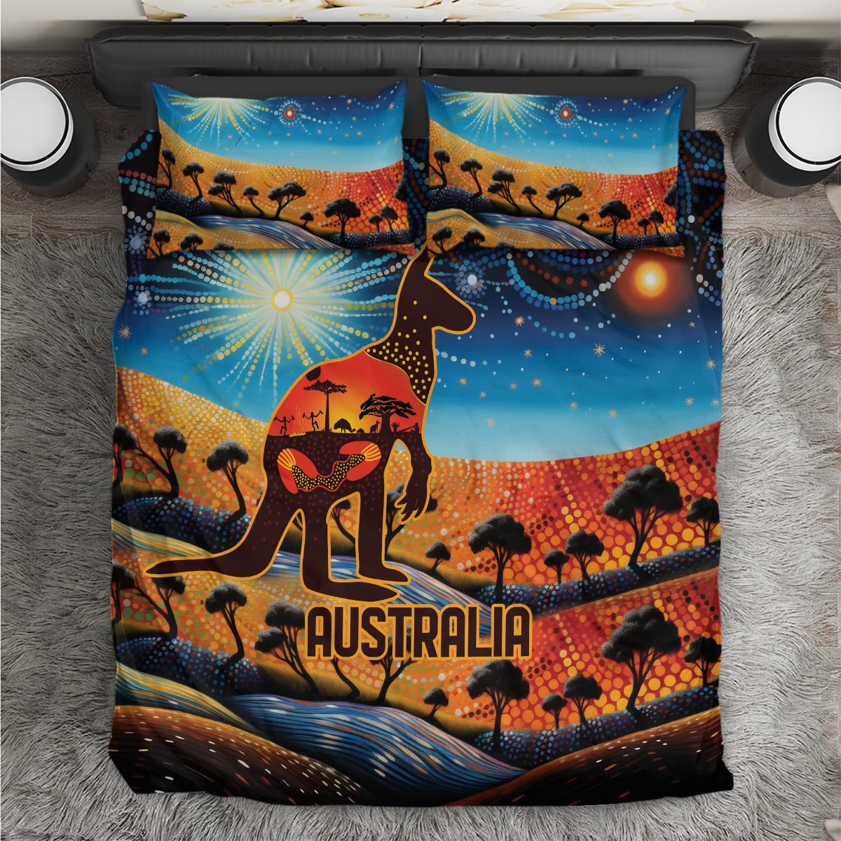 Aboriginal Dots Stary Sky With Kangaroo Bedding Set