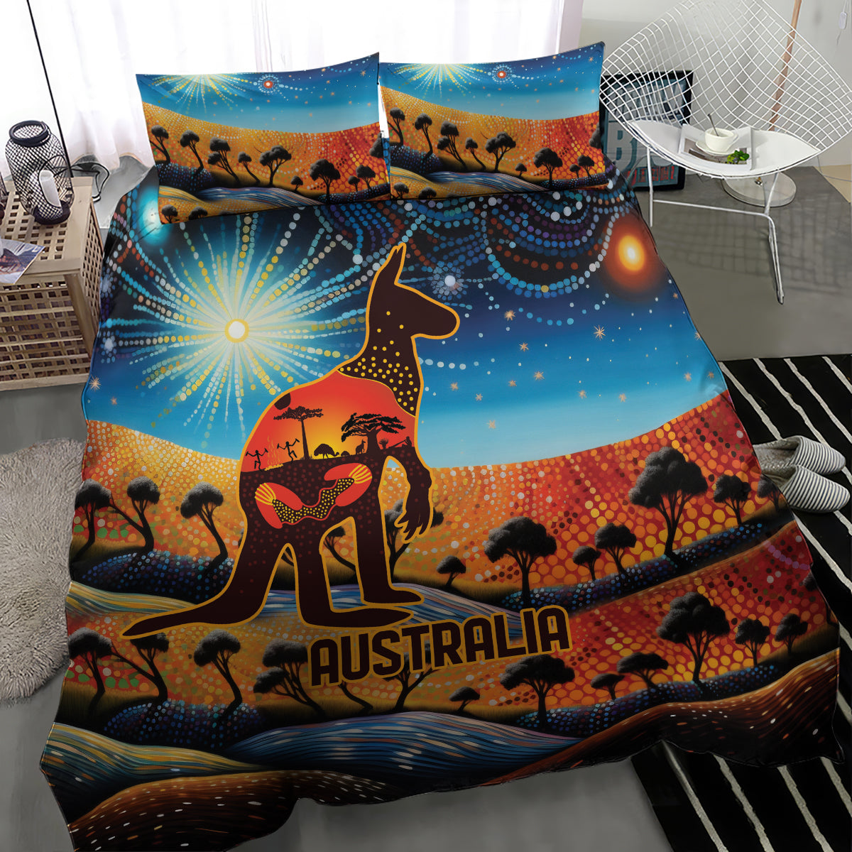 Aboriginal Dots Stary Sky With Kangaroo Bedding Set