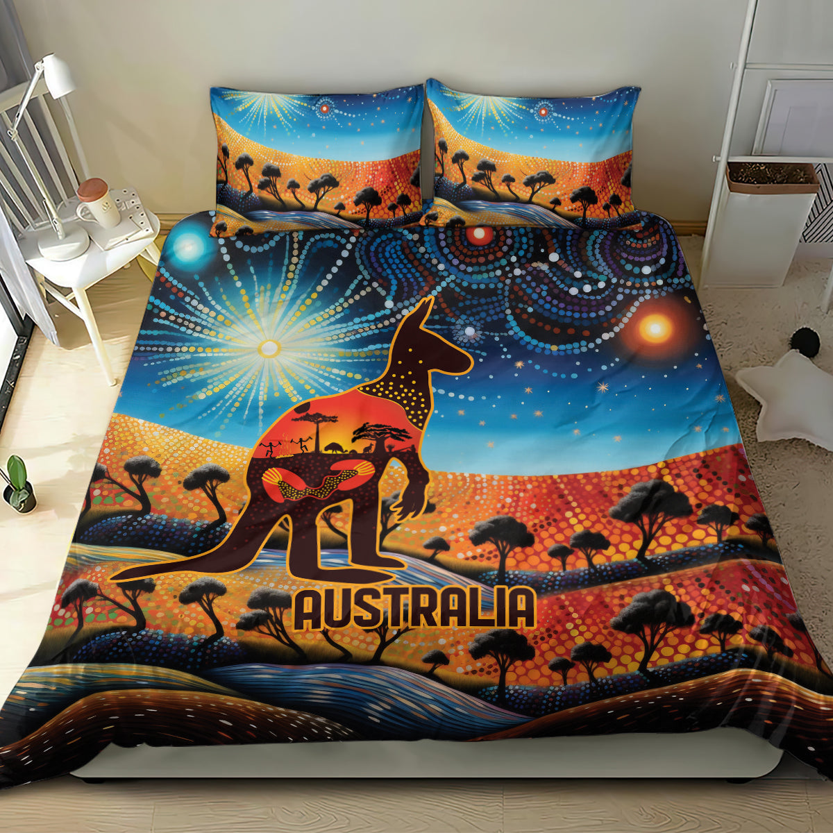 Aboriginal Dots Stary Sky With Kangaroo Bedding Set