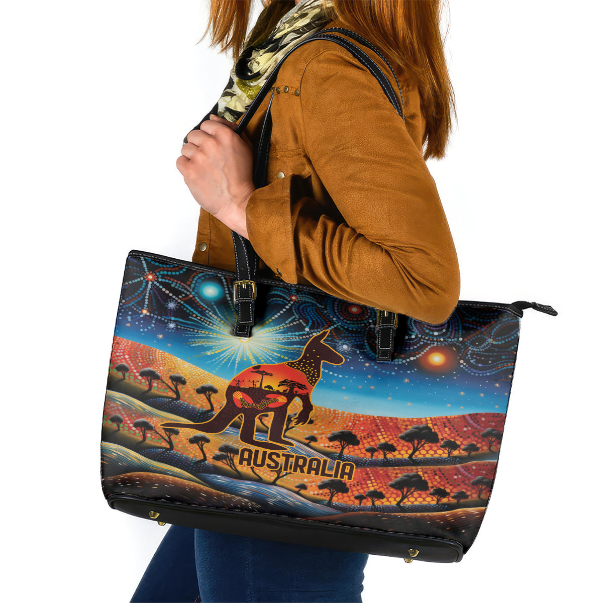 Aboriginal Dots Stary Sky With Kangaroo Leather Tote Bag