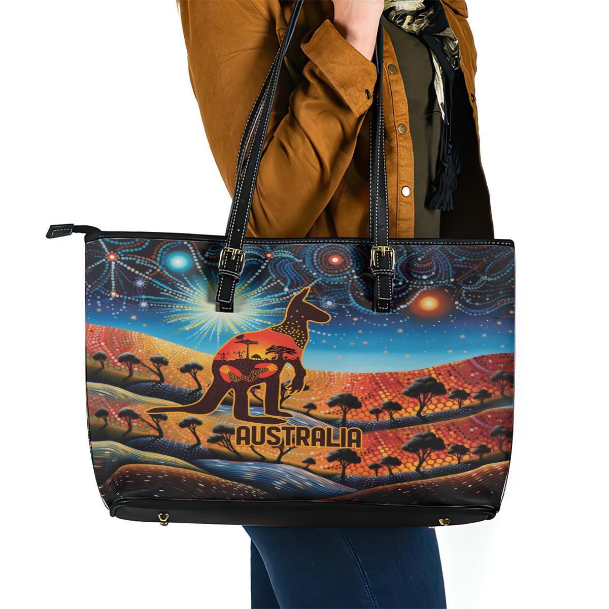 Aboriginal Dots Stary Sky With Kangaroo Leather Tote Bag