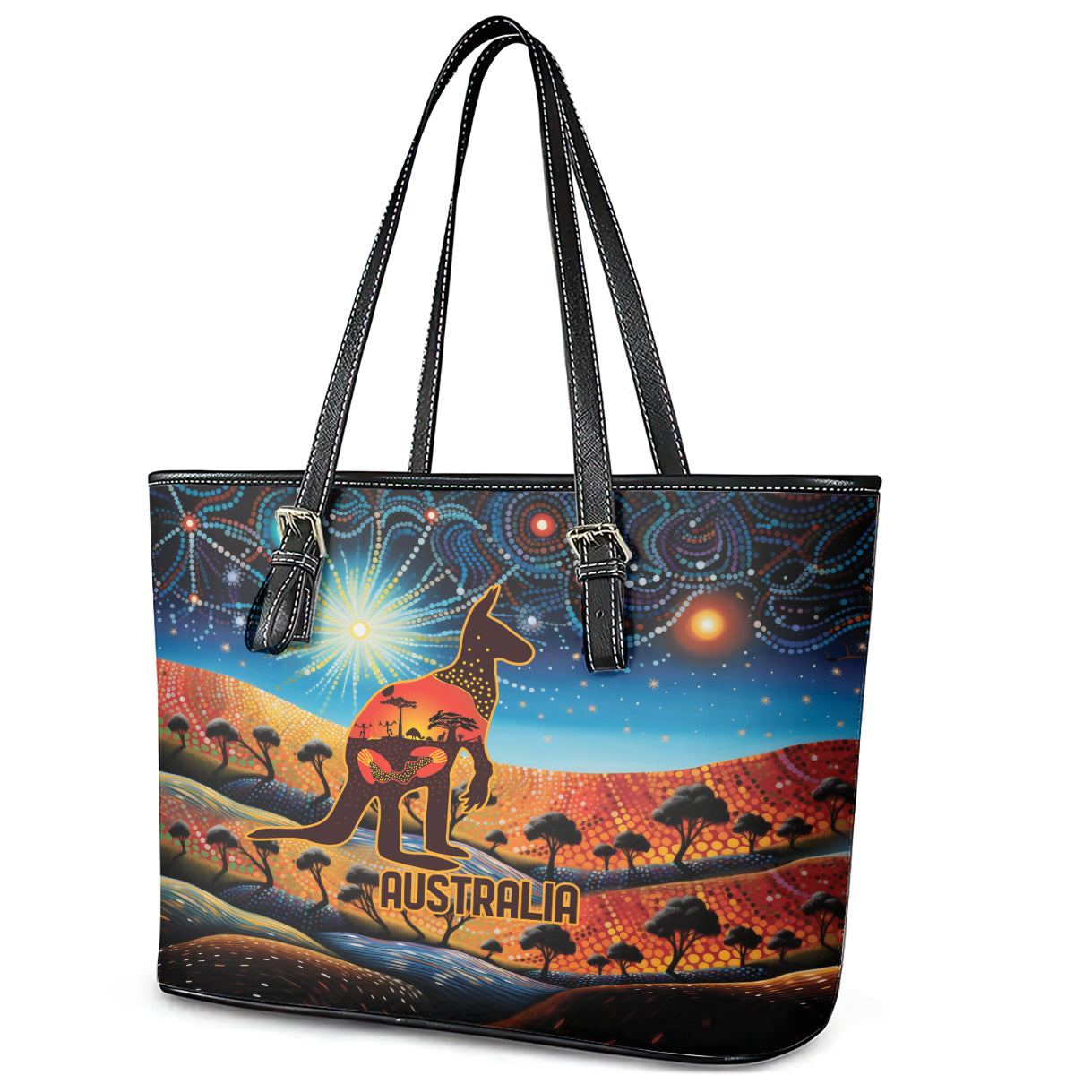 Aboriginal Dots Stary Sky With Kangaroo Leather Tote Bag