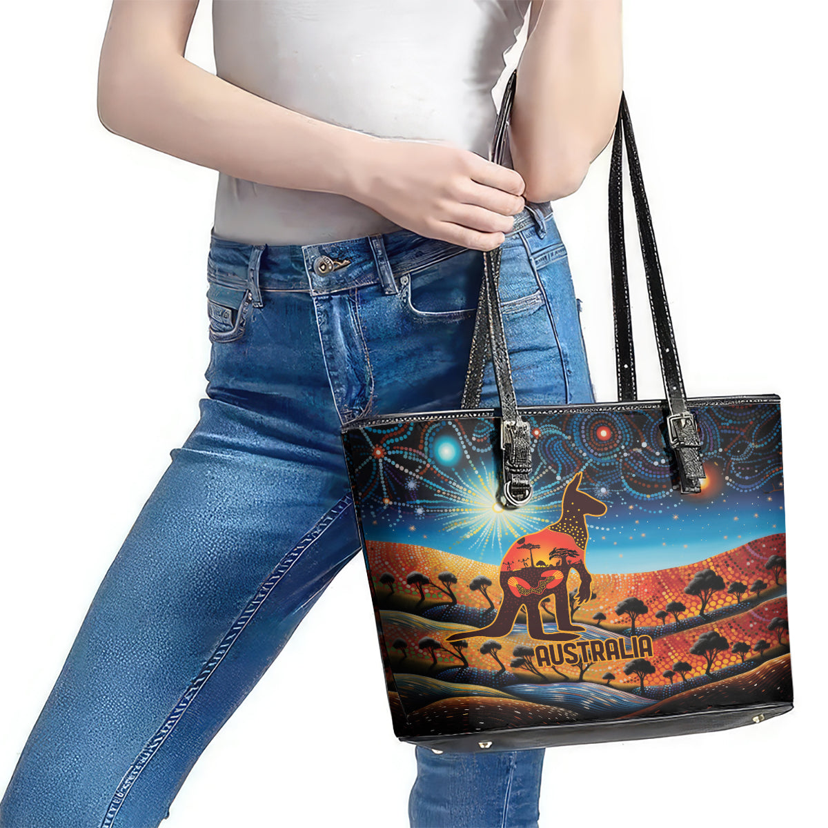 Aboriginal Dots Stary Sky With Kangaroo Leather Tote Bag