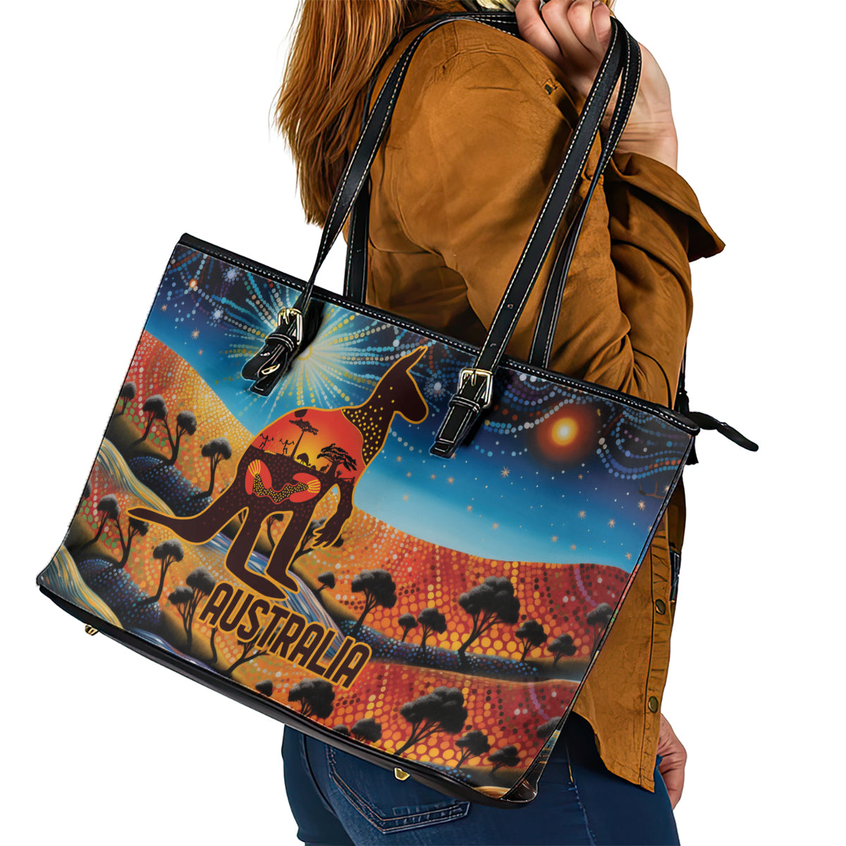 Aboriginal Dots Stary Sky With Kangaroo Leather Tote Bag