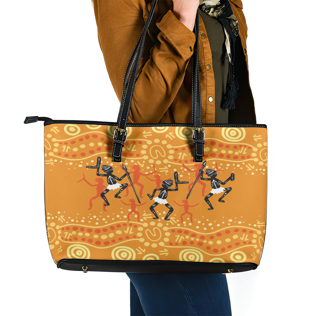 Aboriginal People Dancing Dot Styles Leather Tote Bag