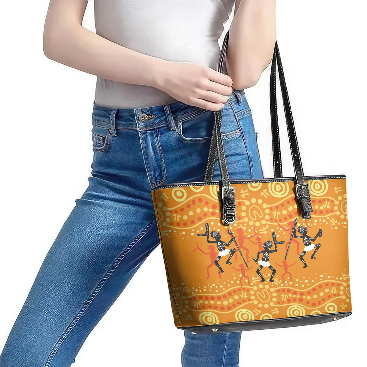 Aboriginal People Dancing Dot Styles Leather Tote Bag