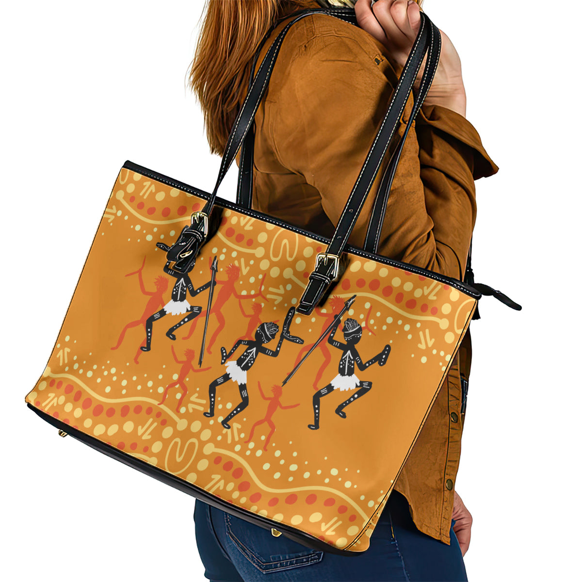 Aboriginal People Dancing Dot Styles Leather Tote Bag