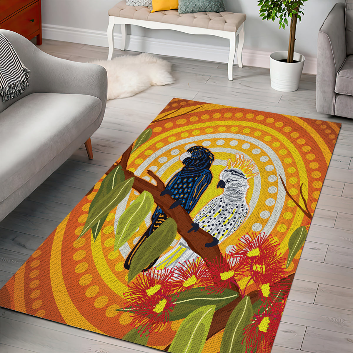 Black and White Cockatoo Birds Aboriginal Art Area Rug