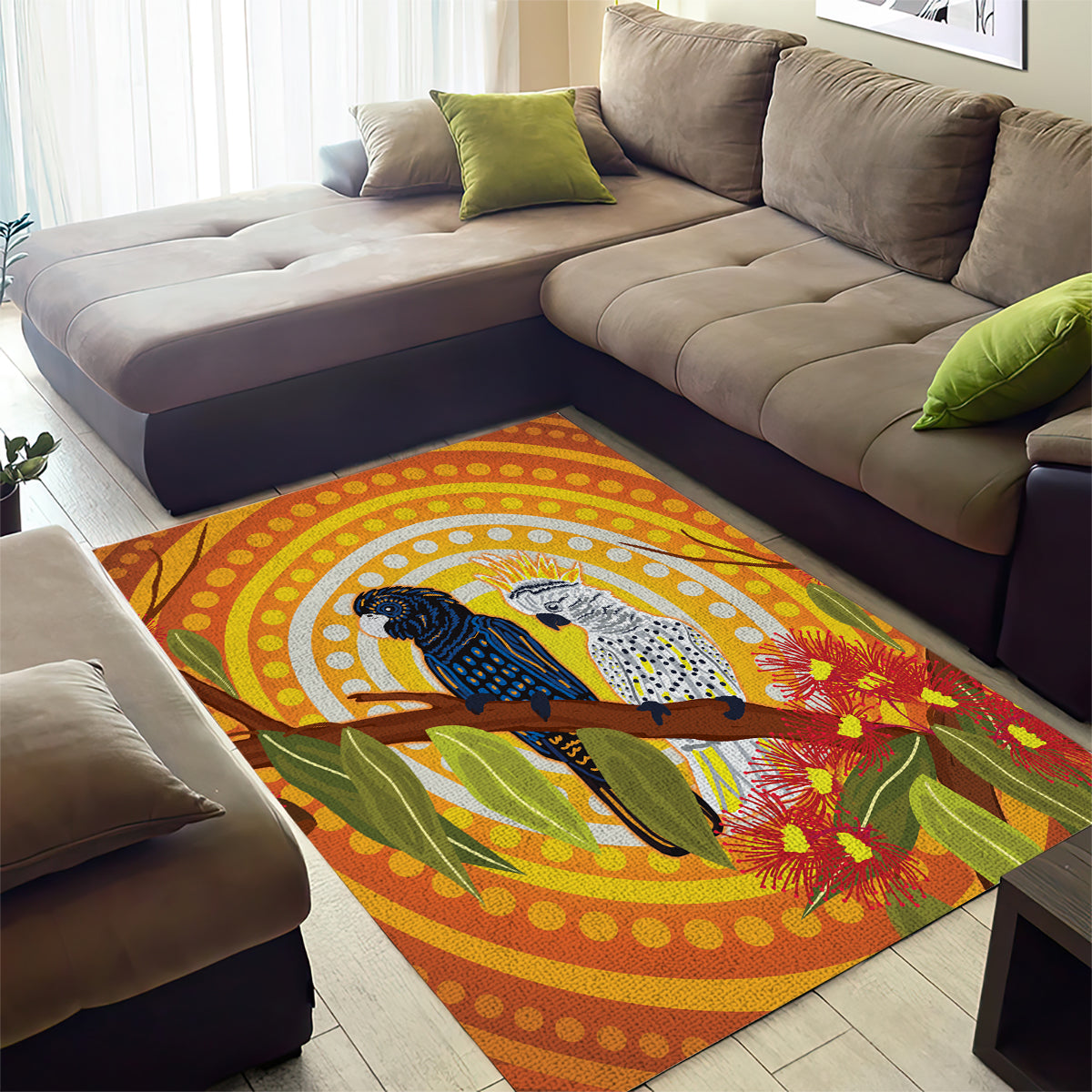 Black and White Cockatoo Birds Aboriginal Art Area Rug