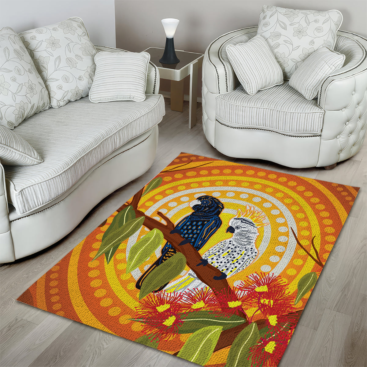 Black and White Cockatoo Birds Aboriginal Art Area Rug