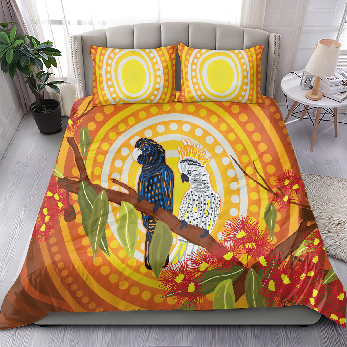 Black and White Cockatoo Birds Aboriginal Art Bedding Set