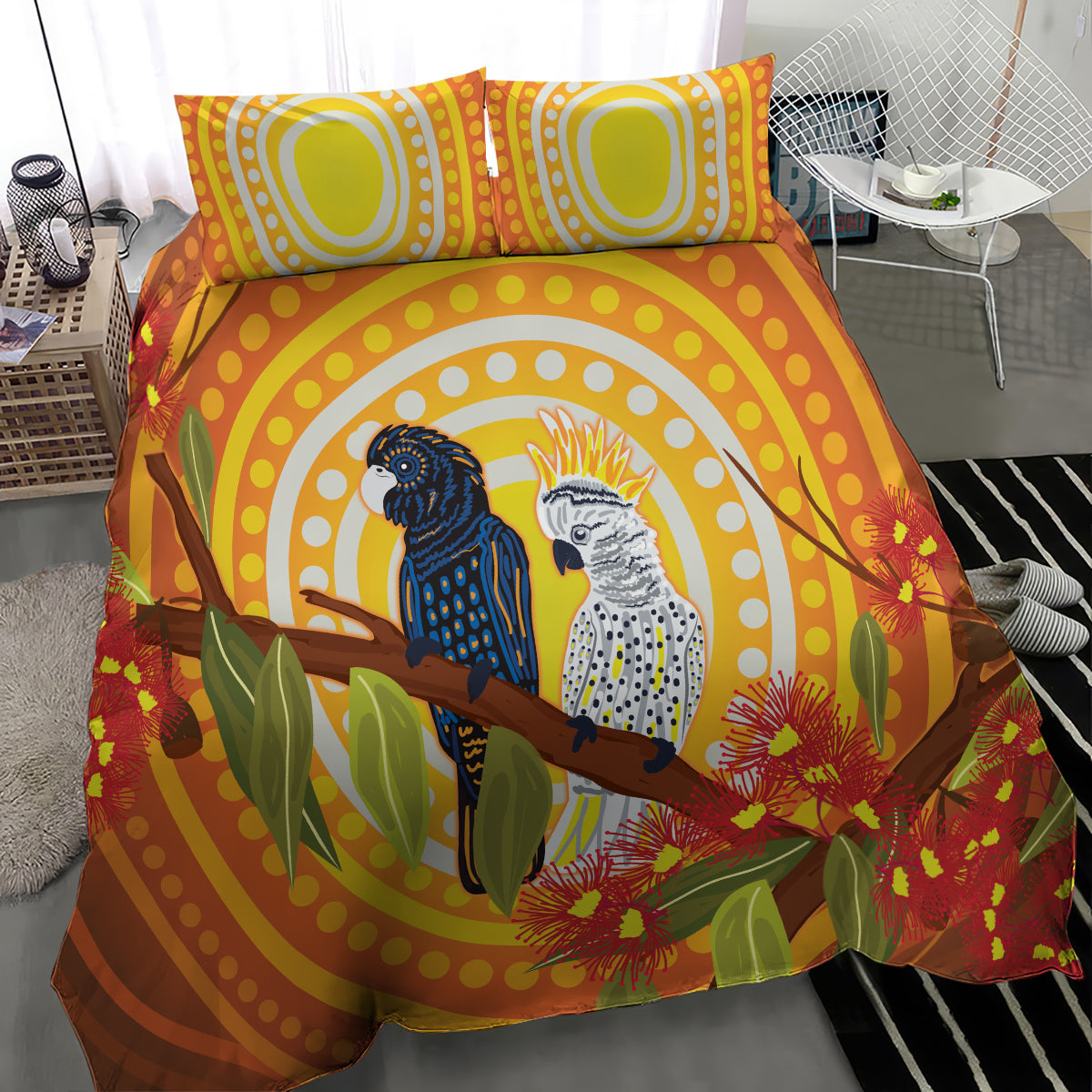 Black and White Cockatoo Birds Aboriginal Art Bedding Set