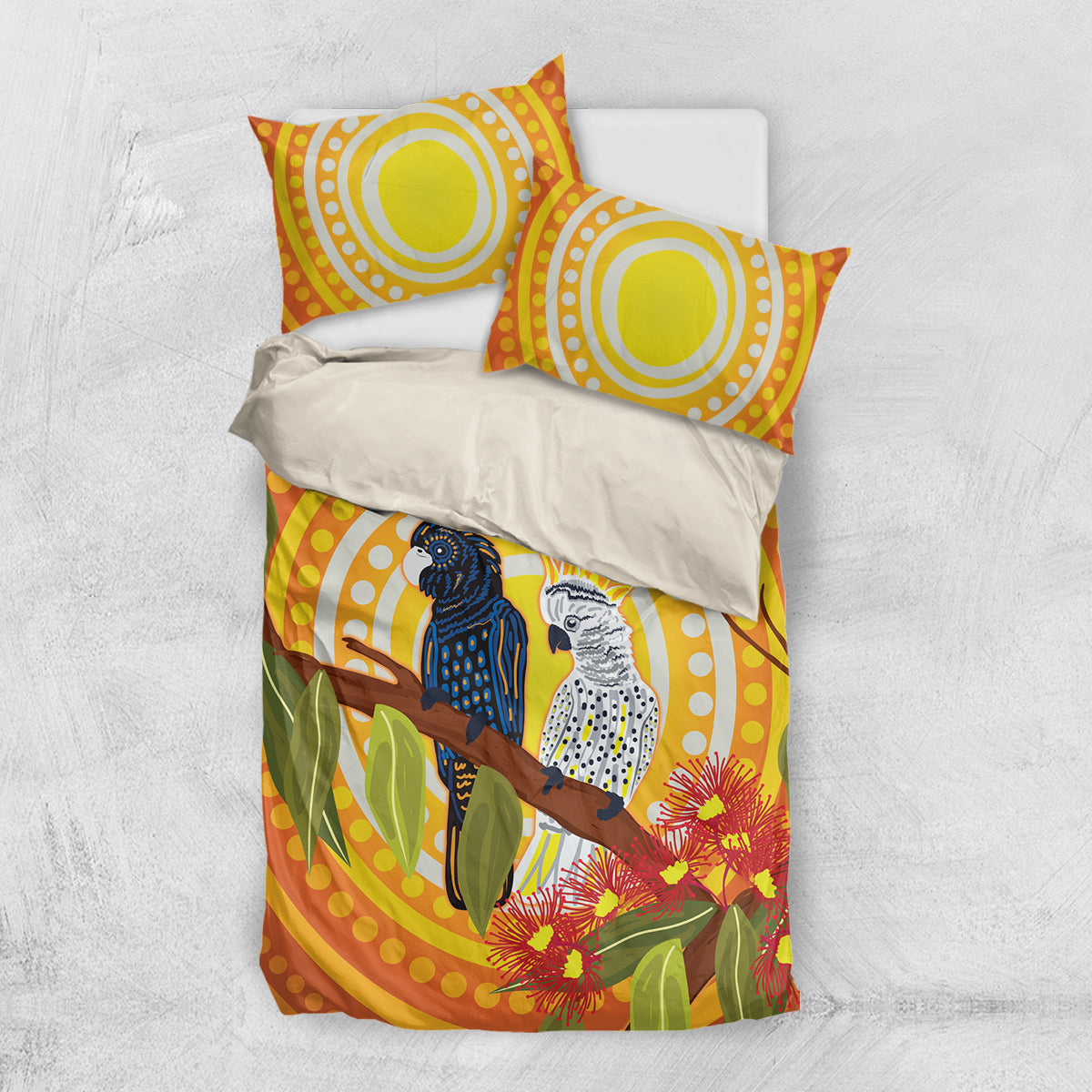 Black and White Cockatoo Birds Aboriginal Art Bedding Set