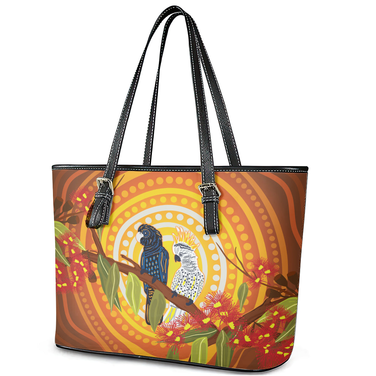 Black and White Cockatoo Birds Aboriginal Art Leather Tote Bag