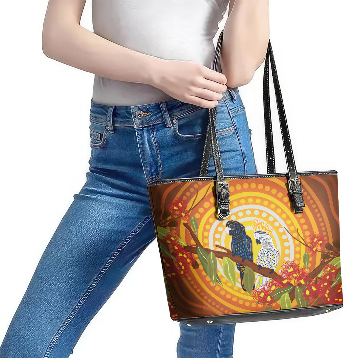 Black and White Cockatoo Birds Aboriginal Art Leather Tote Bag