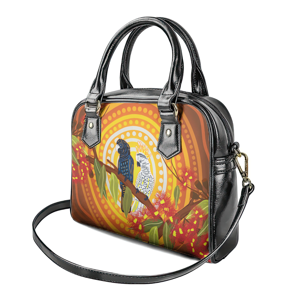 Black and White Cockatoo Birds Aboriginal Art Shoulder Handbag