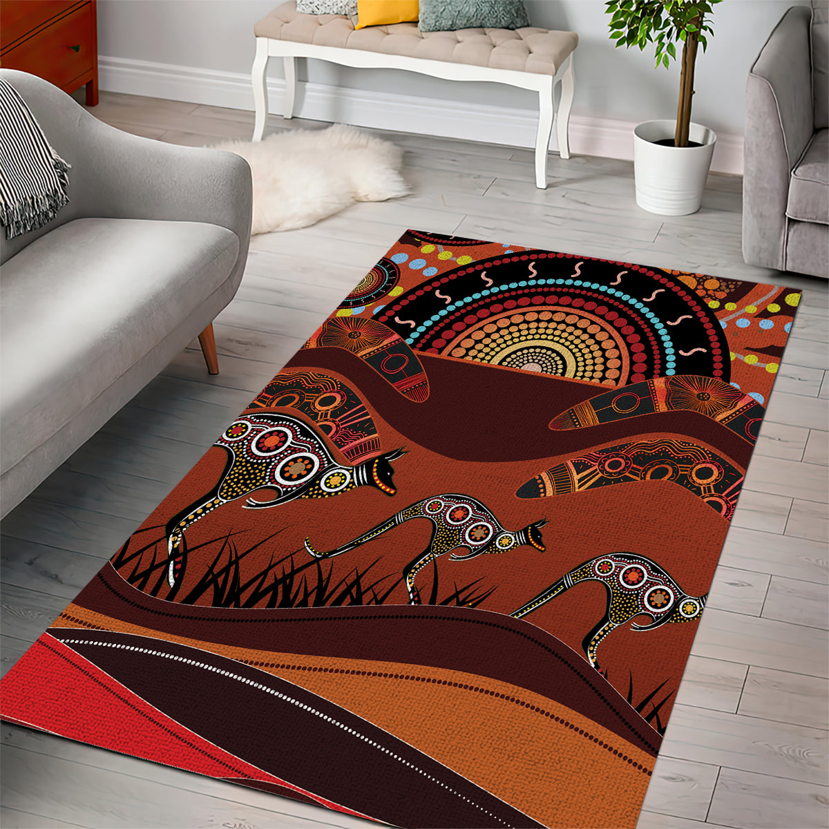 Bomerang and Kangaroo Aboriginal Art Area Rug