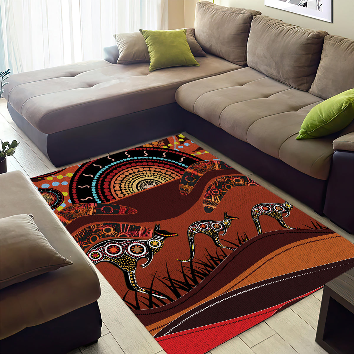 Bomerang and Kangaroo Aboriginal Art Area Rug