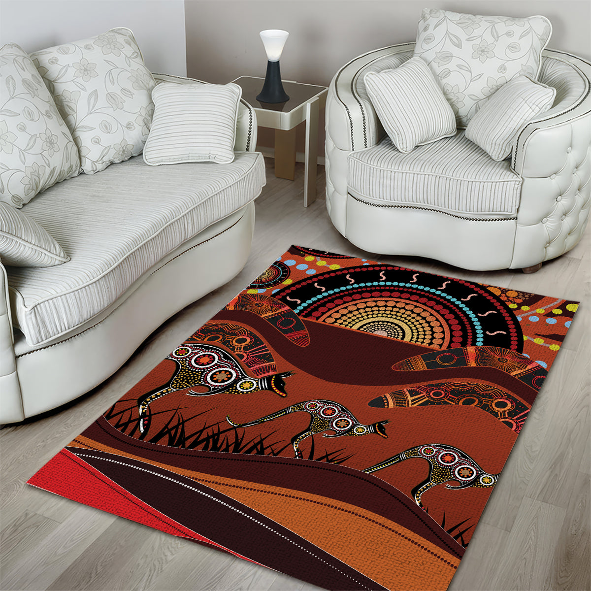 Bomerang and Kangaroo Aboriginal Art Area Rug