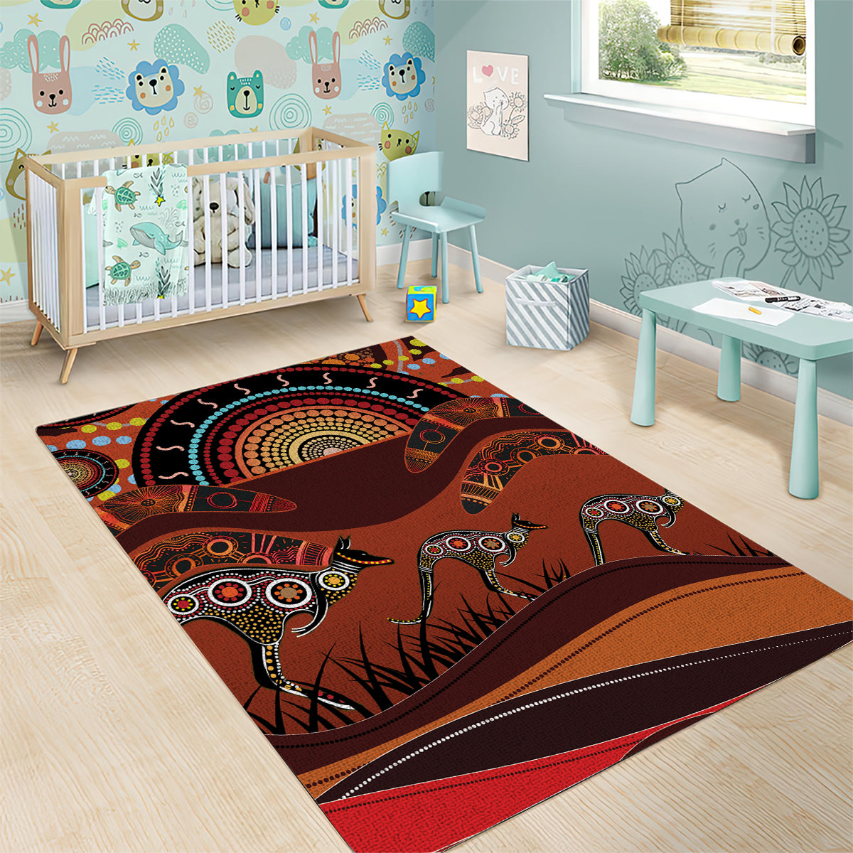 Bomerang and Kangaroo Aboriginal Art Area Rug