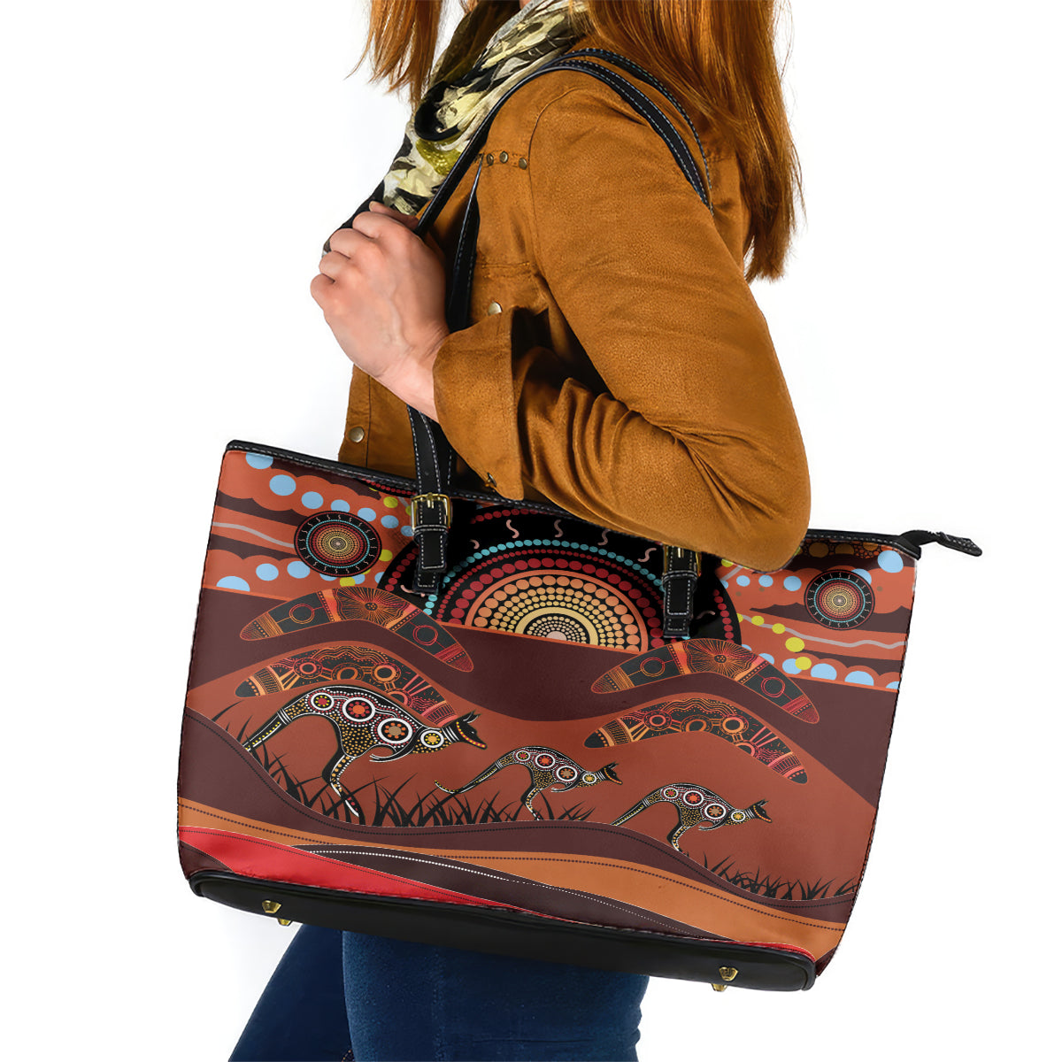 Bomerang and Kangaroo Aboriginal Art Leather Tote Bag